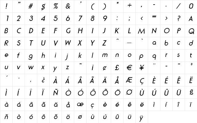 NaomiBecker Italic  glyph index