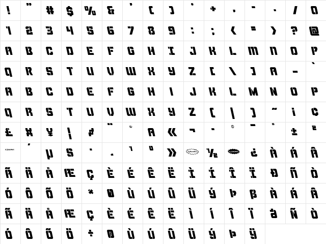 Thunder Trooper Leftalic Italic  glyph index