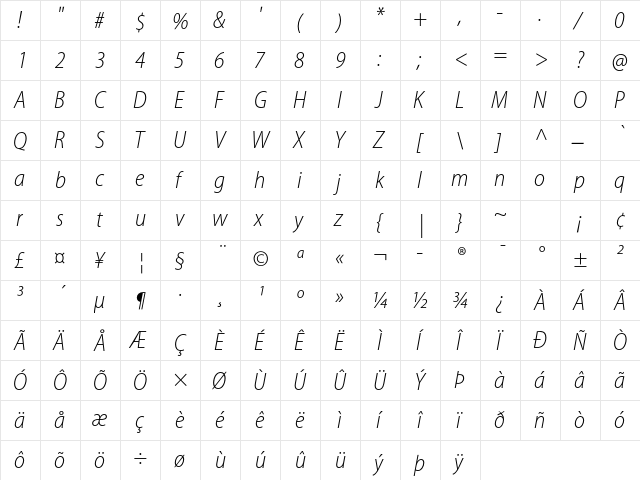Myriad Pro Light SemiCondensed Italic  glyph index