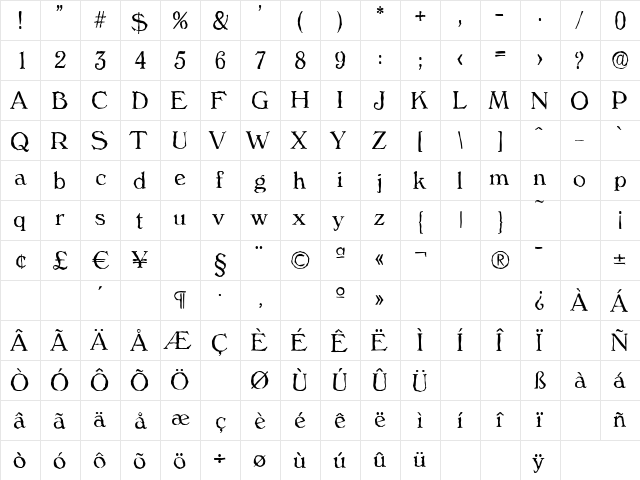 VeronaAntique-Light Regular  glyph index