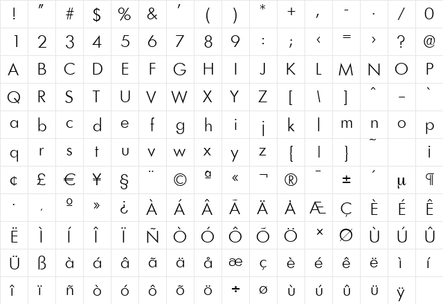 LimerickSerial-Light Regular  glyph index