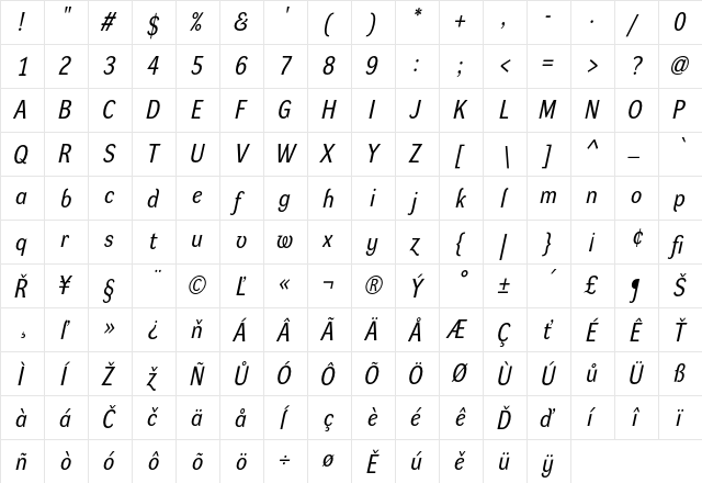 Dynamo RM Regular  glyph index