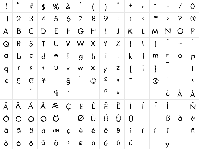 LimerickRandom Regular  glyph index