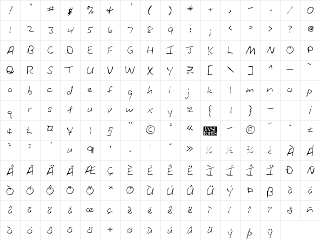 AlainasHand Regular  glyph index