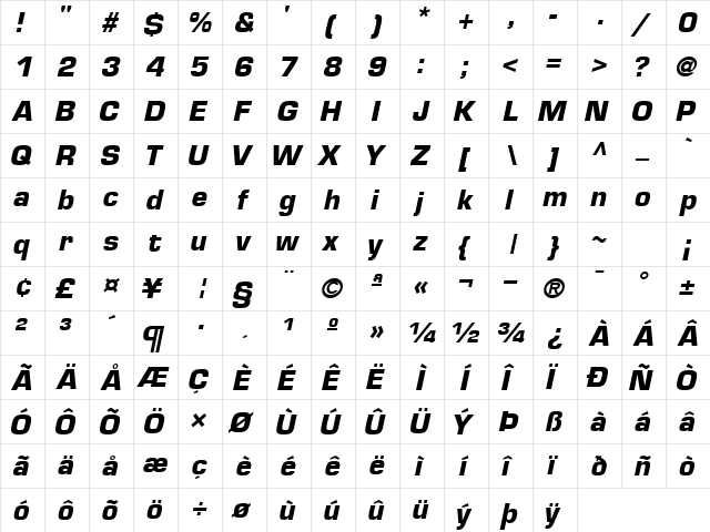 PalindromeBlackSSK Italic  glyph index