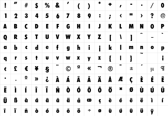 LimerickCdSerial-Xbold Regular  glyph index
