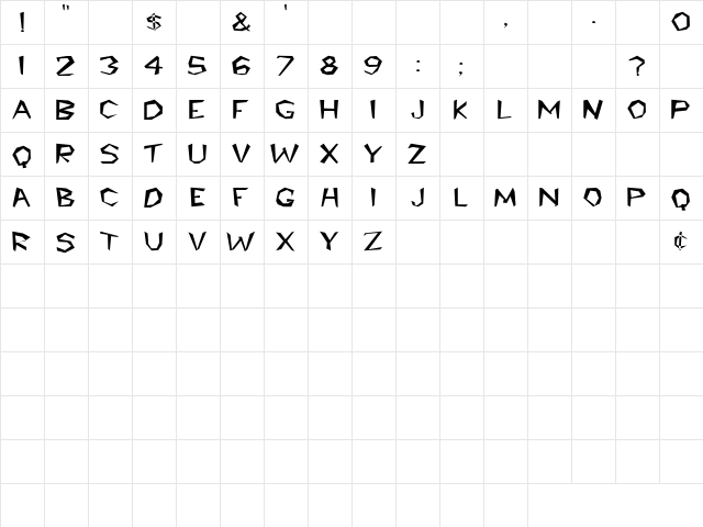 Jim Dandy 4 Regular  glyph index