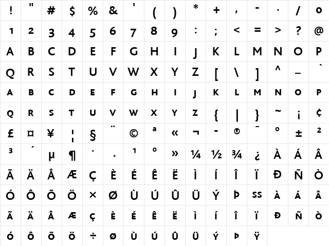 BlissCaps Regular  glyph index