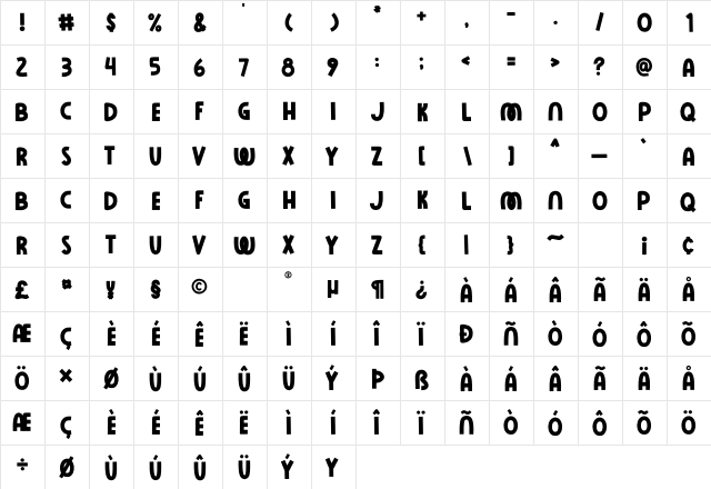 Rose Minie Regular  glyph index