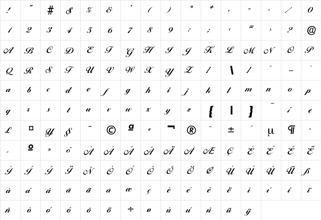 Ballantines-Bold Regular  glyph index