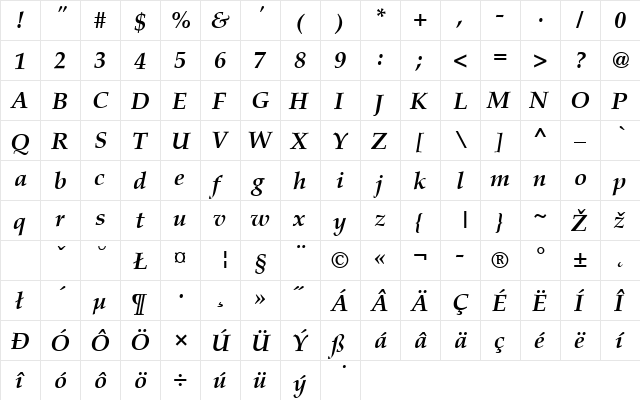 PaltusAntNo3LEE Bold Italic  glyph index