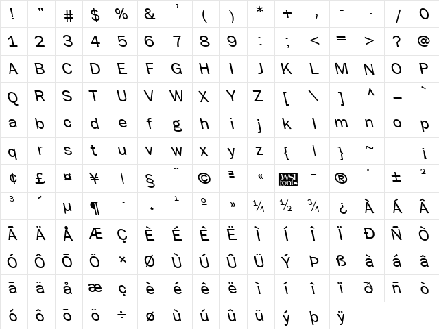 FrankfurtBackslant Regular  glyph index