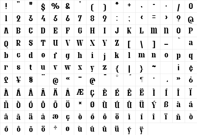 GraniteRegular Regular  glyph index