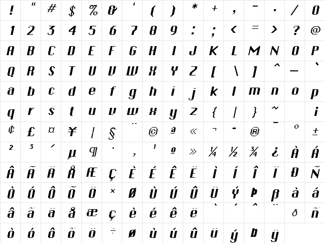 Ambush-Extended Italic  glyph index