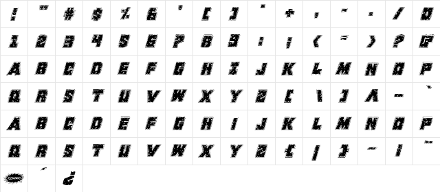 King Commando Riddled Italic Italic  glyph index