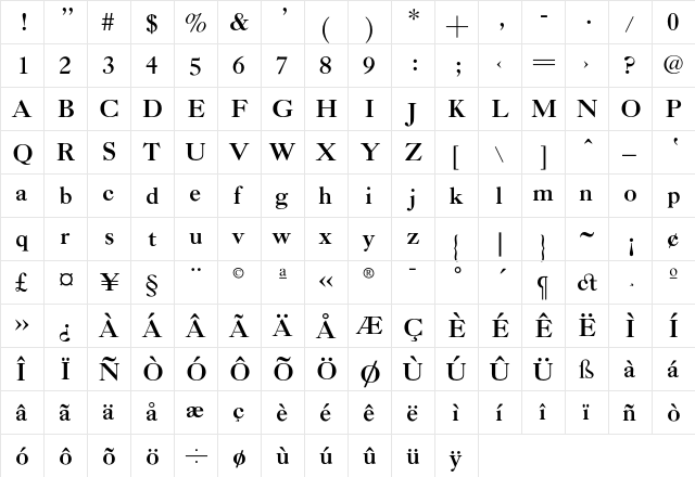 CaslonBoldZL Regular  glyph index