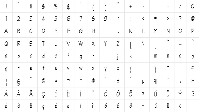 Graphite Light Narrow Regular  glyph index