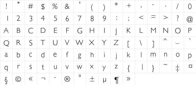 GalsLight Regular  glyph index