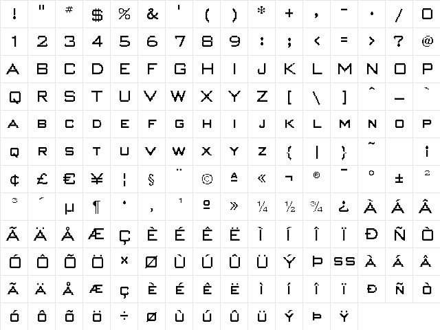 RasterBankTwentyOne Regular  glyph index