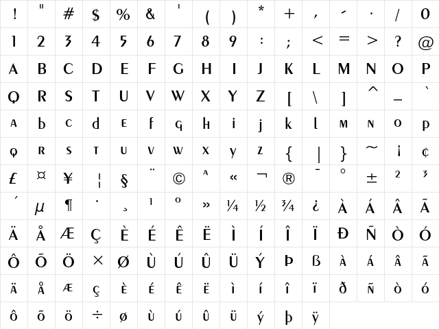 Exotic 350 Demi-Bold  glyph index