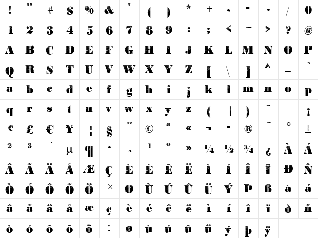 BodoniConcentric2 Regular  glyph index