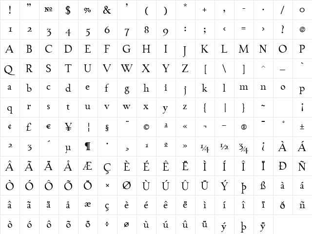 TaskBook Regular  glyph index