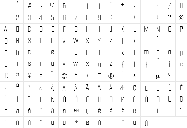 Diamante-Xlight Regular  glyph index