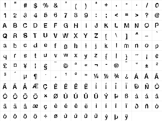 Schmelvetica Regular  glyph index