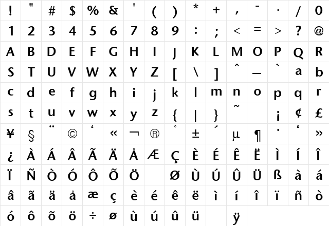 Stone Sans Semi Bold Regular  glyph index