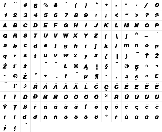 NimbusSanDEEBla Italic  glyph index