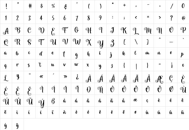 Amilya Regular  glyph index
