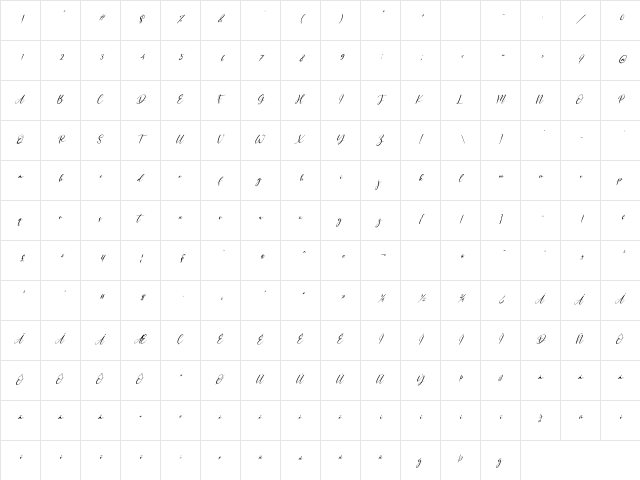 Sabrina Italic Regular  glyph index