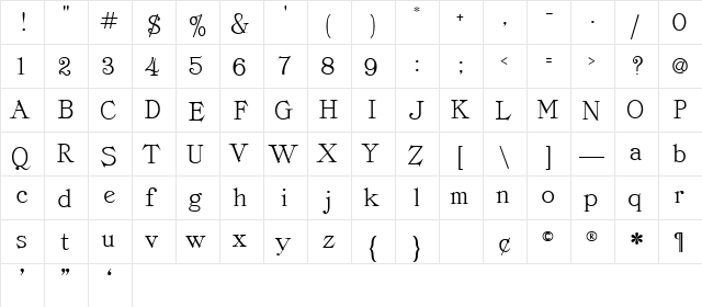 Classica Regular  glyph index