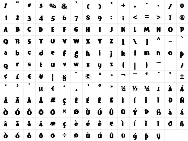 BundleOfJoyNF Regular  glyph index