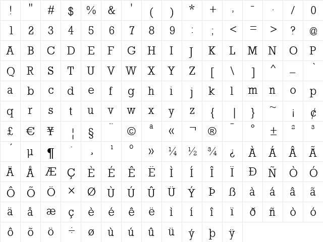 Rocky Regular  glyph index