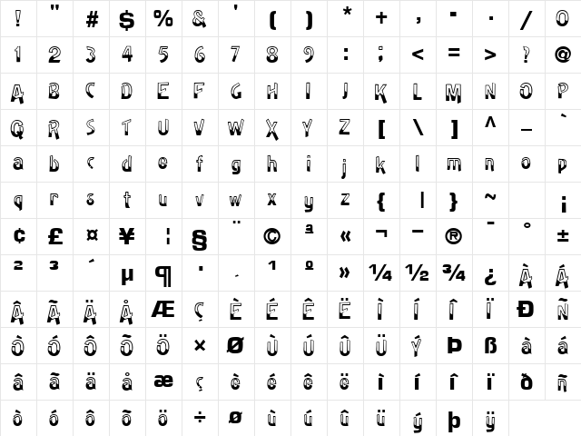 Badh Regular  glyph index