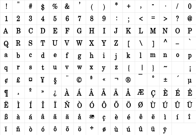 New Boston Condensed Bold  glyph index