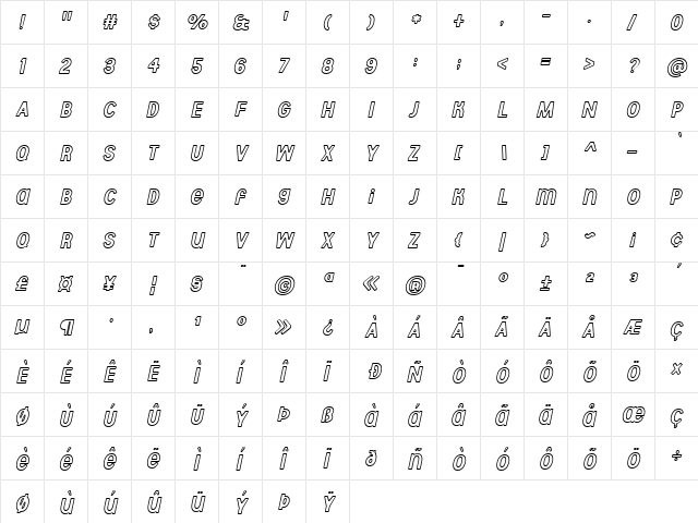 Aberforth Outline Italic Regular  glyph index