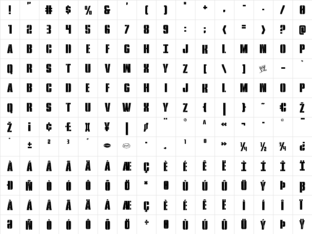 Rumble Tumble Regular  glyph index