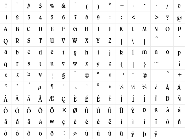 Blew-Condensed Normal  glyph index