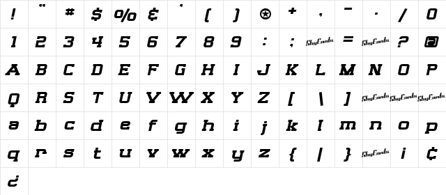SF Big Whiskey Extended Regular  glyph index