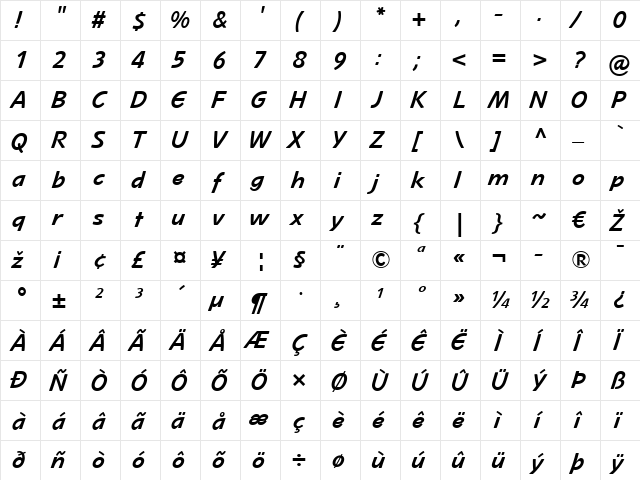 Mano LT Light Bold  glyph index