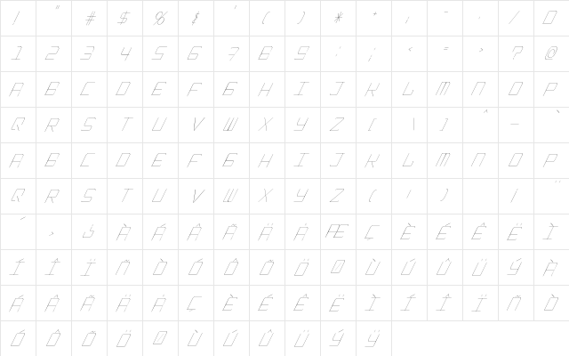 EpicenterThinItalic Regular  glyph index