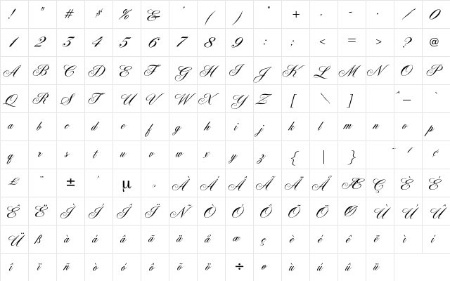 Cumberland Regular  glyph index