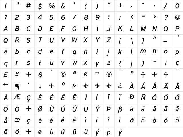 Interstate Regular Italic  glyph index