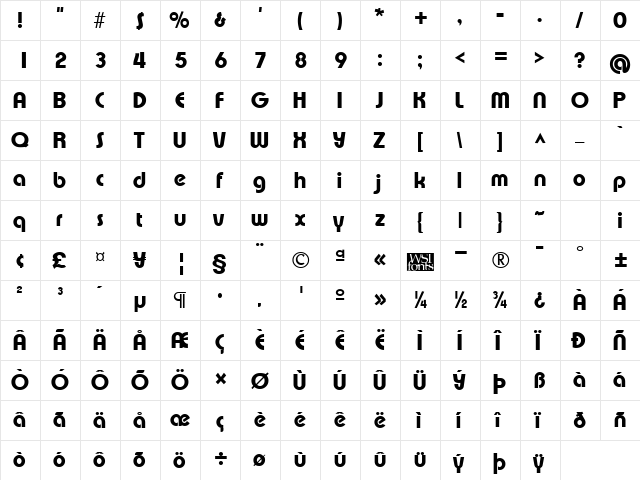 XpressiveHeavy Regular  glyph index