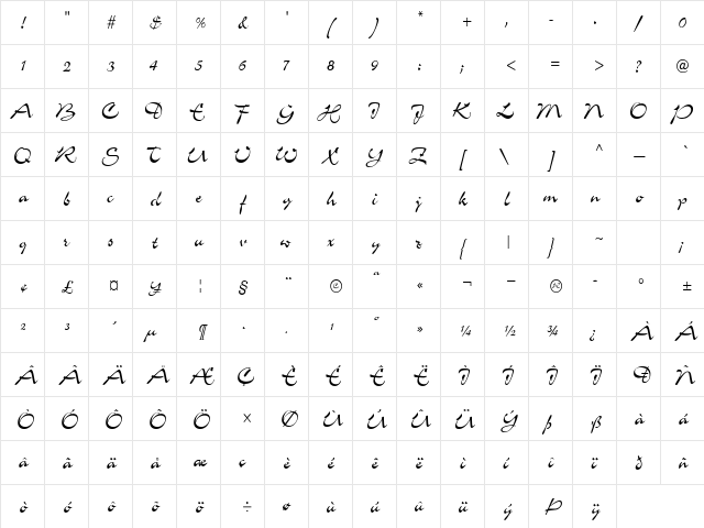 ScheherezadeCondensed Regular  glyph index