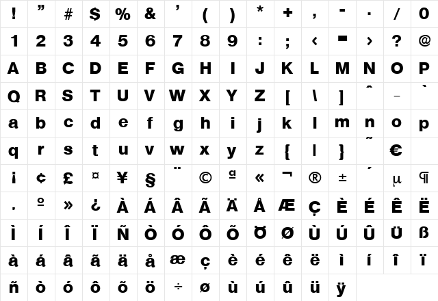 Olympia-ExtraBold Regular  glyph index