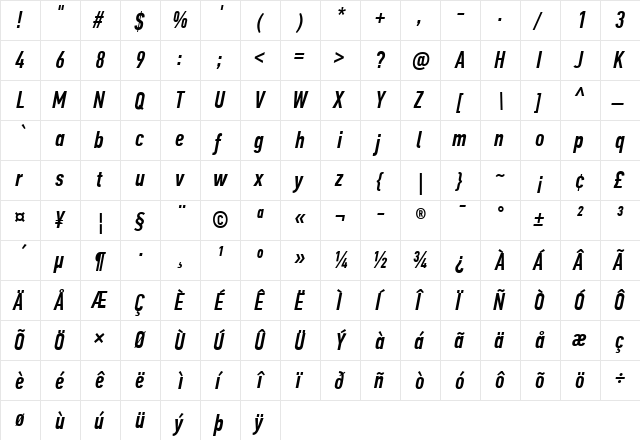 PF Din Text Comp Pro Medium Italic  glyph index