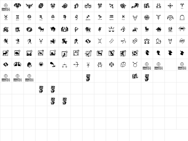 Zodiac Mix Regular  glyph index
